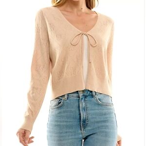 Ultra Flirt Butterfly Pointelle Cardigan V-Neck Cream Tan TieLarge Juniors